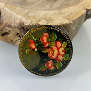 Russian Hand Painted Black Lacquerware Floral Round Brooch Artist Signed READ